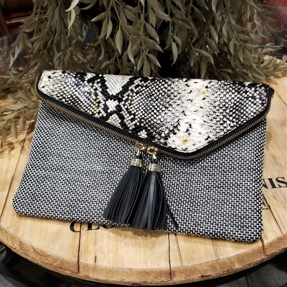 henri bendel Handbags - henri bendel Black White Snakeskin-Accent Foldover Clutch with Tassels